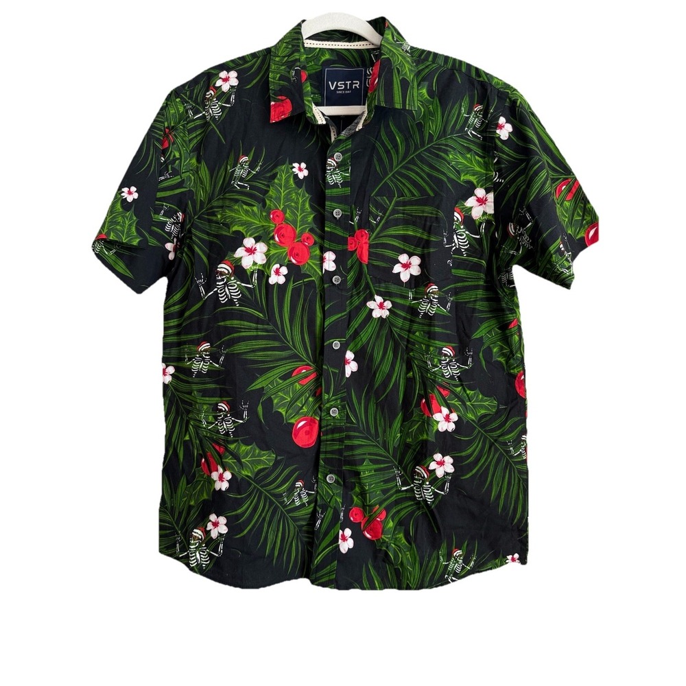 VSTR‎ Mens Black Christmas Holiday Skeleton Hawaiian Button Up Shirt Size L NEW